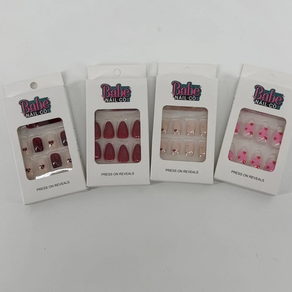 Babe Nail Co 4 pack Press On Valentines Nails Heart Design Red Pink Almond Shape